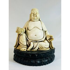 Vintage Smiling Buddha Resin Figurine Statue Cream Ivory Color Carved Heavy